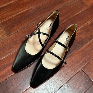 Black Double-Strap Pointed Mary Jane Flats